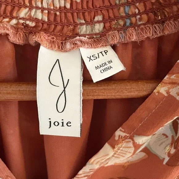 Joie Metallic Floral Flutter Sleeve High Neck Blouse Rust Sz XS - Picture 3 of 12
